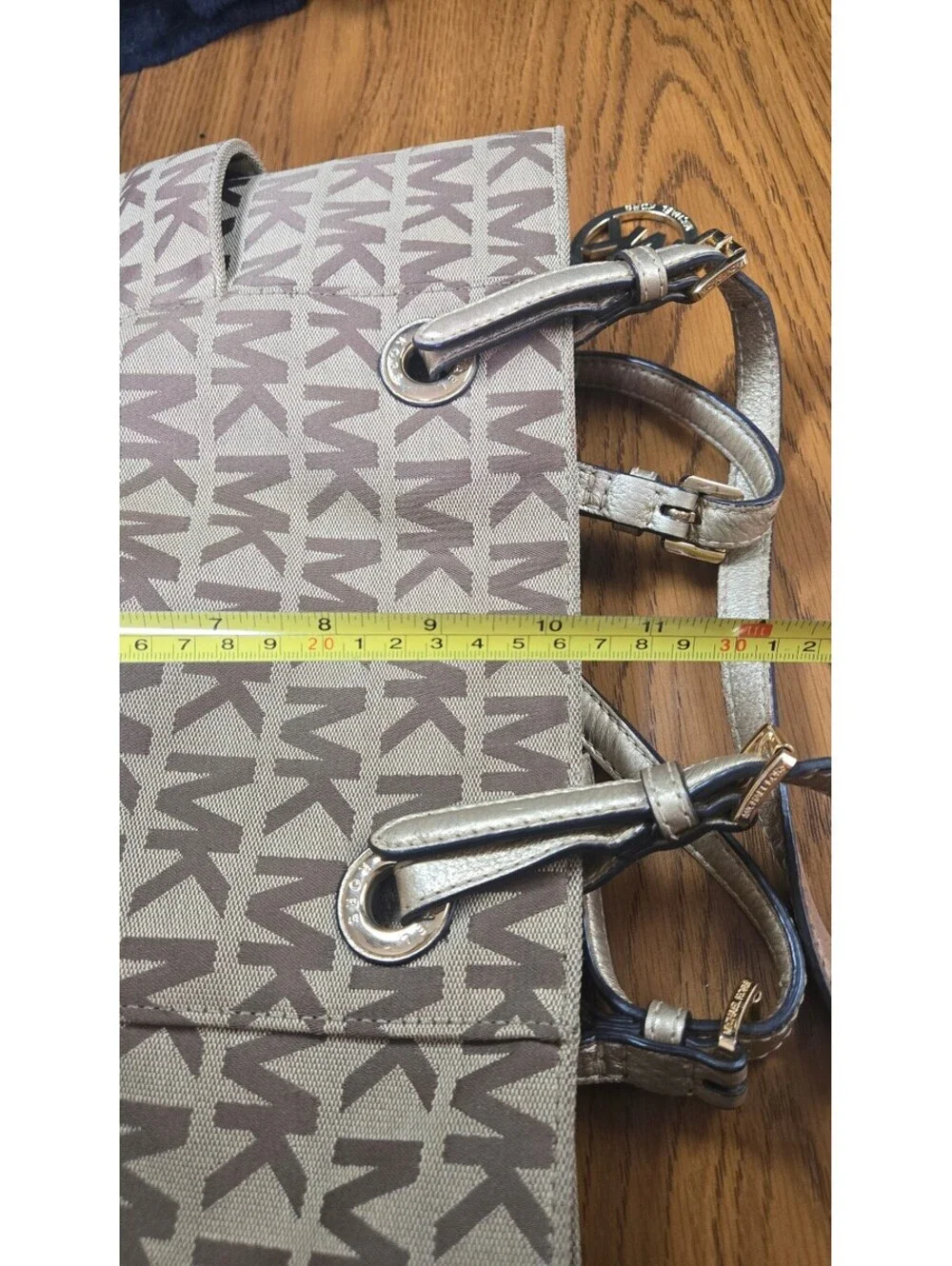 Michael Kors Beige and Brown MK Logo Tote Bag with Gold Handles